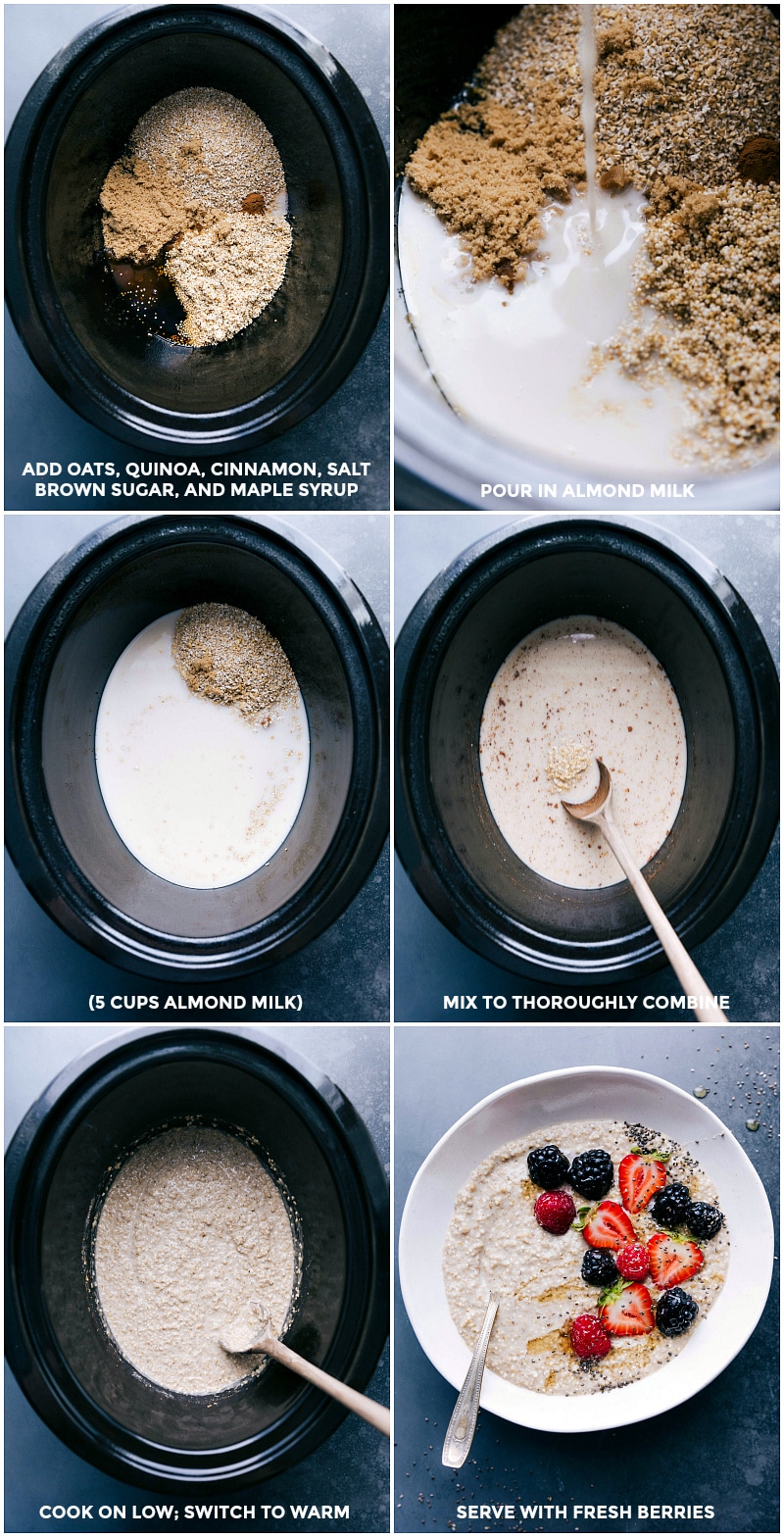Preparing Overnight Steel-Cut Oatmeal: Ingredients in Slow Cooker, Cooking on Low All ingredients being added to a slow cooker, mixed together, and set to cook on low.