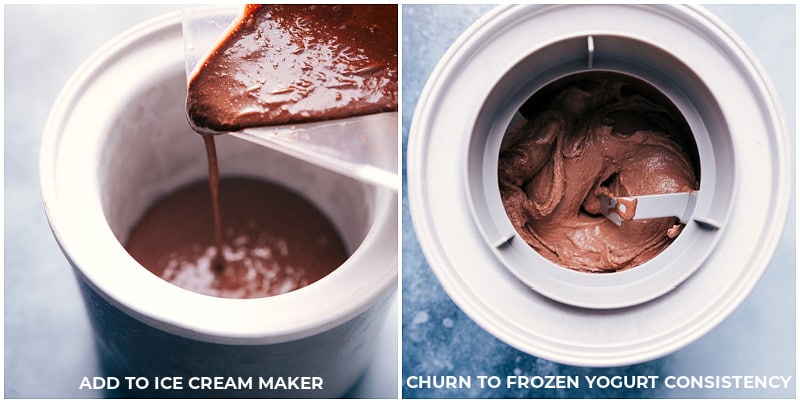 This frozen yogurt is so easy to make โ blend everything up, pour into an ice cream maker, and enjoy! Adding the chocolate mix to the ice cream maker