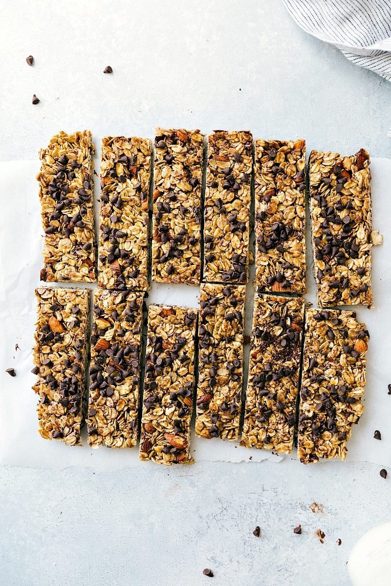 Homemade Granola Bars with Chocolate Chips - Ready to Eat Delicious homemade granola bars, full of chocolate chips, cut into portions, and ready to be enjoyed.