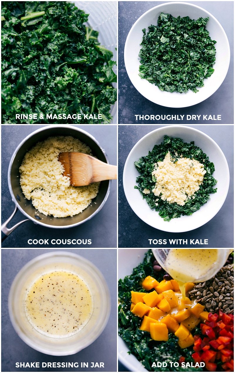 Making Kale and Couscous Salad: A Simple Guide Kale cleaning, couscous boiling, ingredients tossing, dressing whisking, and final salad assembly