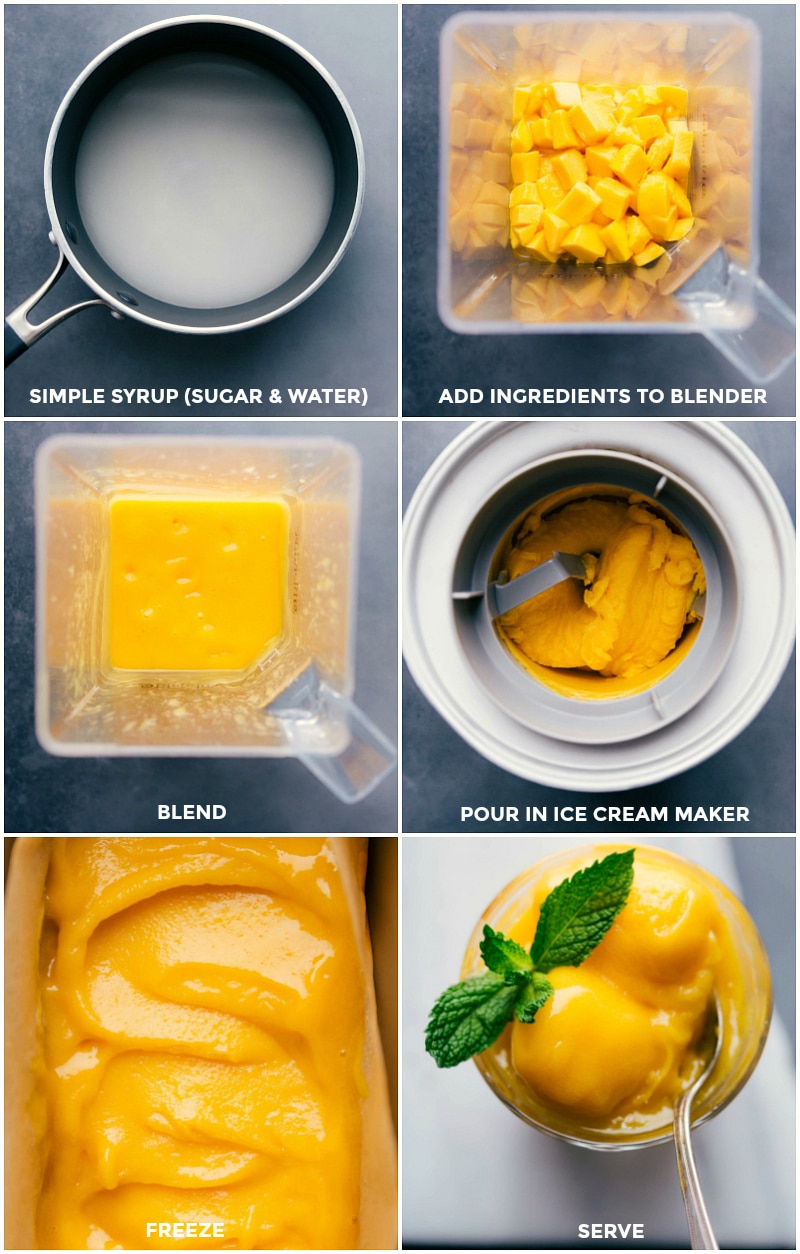 Our favorite creamy, fresh, tangy, and sweet Mango Sorbet made with honey mangoes and a hint of fresh lemon. This is the best summer treat! Recipe via chelseasmessyapron #dessert #best #quick #easy #simple #refreshing #summer #mint #mango #sorbet Process shots-- making simple syrup; blending syrup with mangoes; freezing to make Mango Sorbet.