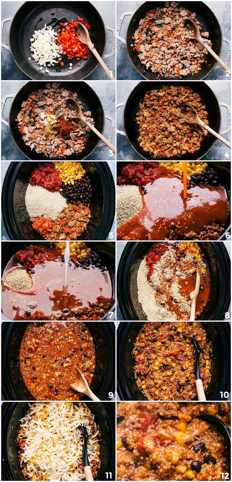 Combining and Cooking Onion, Bell Pepper, and Turkey in Slow Cooker Ingredients including onion, bell pepper, and turkey being added to the slow cooker, mixed, and undergoing the cooking process.