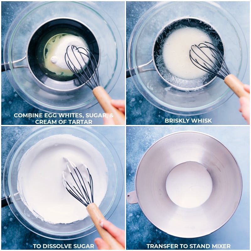 S'mores Icebox Cake features layers of rich chocolate ganache, fluffy marshmallow cream, and honey graham crackers. No baking required! Recipe via ChelseasMessyApron #dessert #best #quick #easy #simple #treat #chocolate #marshamallow #grahamcrackers #summer #smores #icebox #cake Process shots of the S'mores Icebox Cake-- images of the meringue topping being made and whisked together