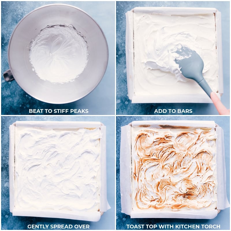 This life changing S'mores Icebox Cake features layers of rich chocolate ganache, fluffy marshmallow cream, and honey graham crackers. No baking required! Recipe via ChelseasMessyApron #dessert #best #quick #easy #simple #treat #chocolate #marshamallow #grahamcrackers #summer #smores #icebox #cake Process shots of S'mores Icebox Cake-- images of the meringue topping being added to the cake and it all being toasted with a kitchen torch