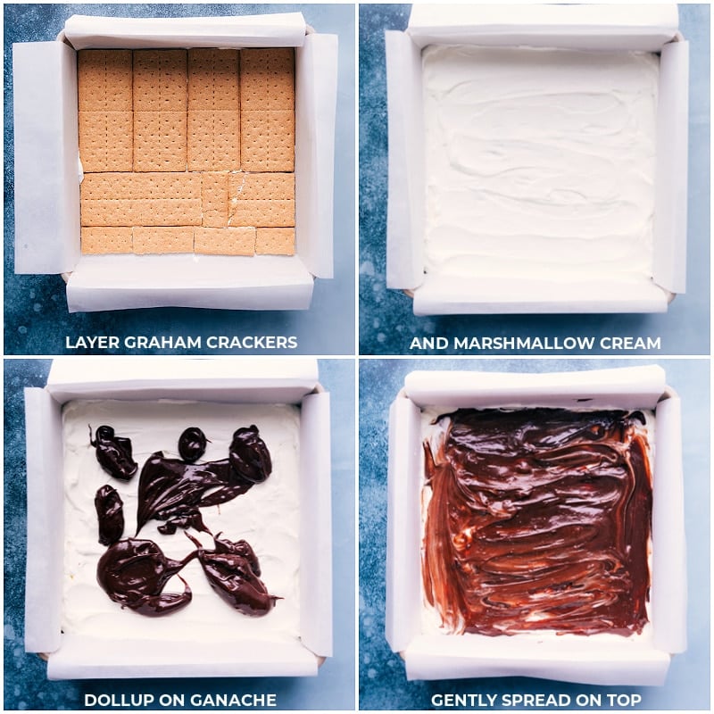 This delicious S'mores Icebox Cake features layers of rich chocolate ganache, fluffy marshmallow cream, and honey graham crackers. No baking required! Recipe via ChelseasMessyApron #dessert #best #quick #easy #simple #treat #chocolate #marshamallow #grahamcrackers #summer #smores #icebox #cake Graham cracker layer going on, then the marshmallow cream layer, and finally the ganache layer.