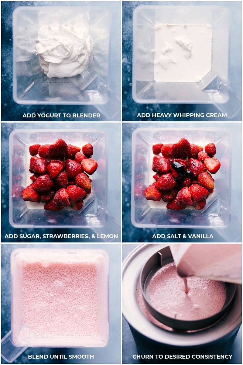 Strawberry Frozen Yogurt is easy to make with a blender and an ice cream maker. Recipe via chelseasmessyapron #dessert #quick #easy #simple #best #healthier #icecreammaker #strawberry #frozen #yogurt Process shots of making Strawberry Frozen Yogurt.
