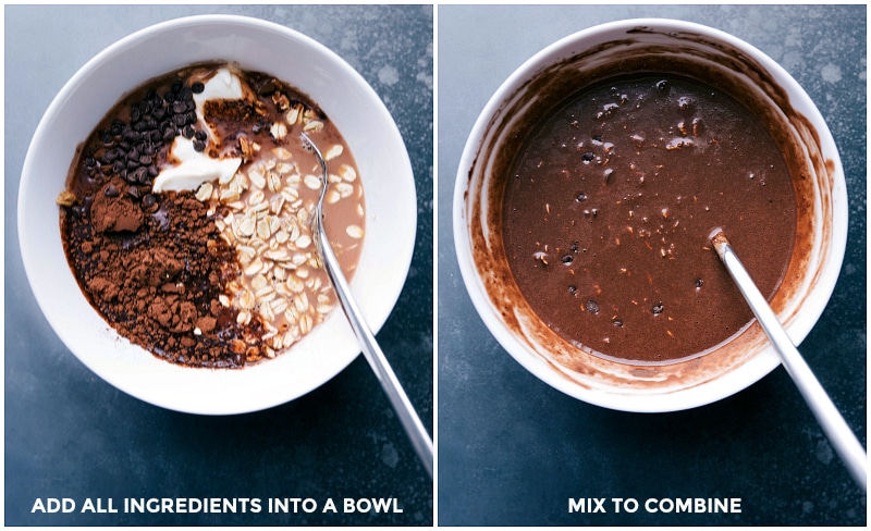 Preparing Overnight Brownie Batter Oats: Ingredients in Bowl and Combining Process All the ingredients for overnight brownie batter oats in a bowl; followed by the process of combining these ingredients.
