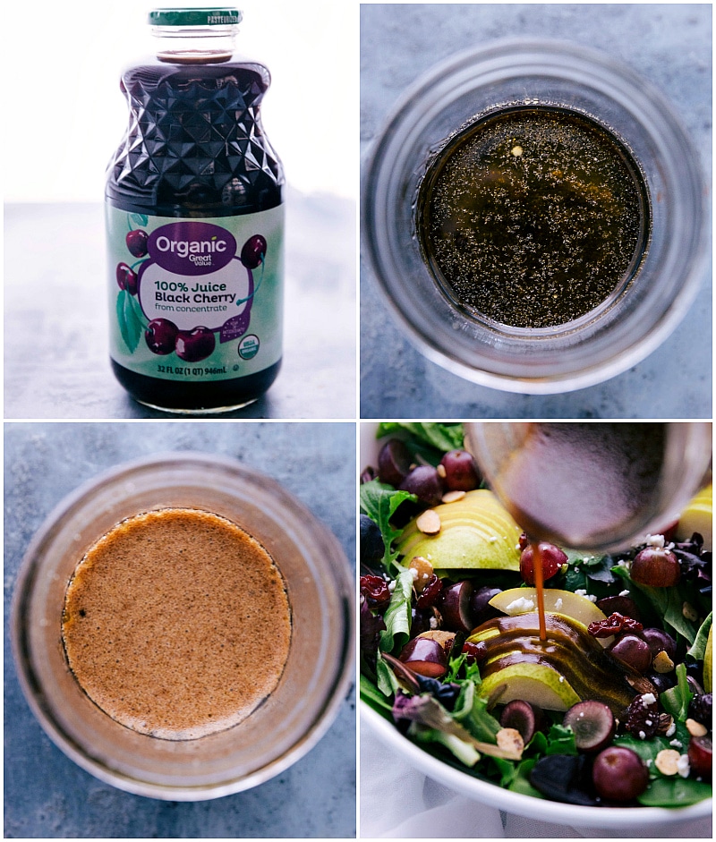 Creating Cherry Balsamic Salad Dressing: Ingredients and Final Presentation Making cherry balsamic vinaigrette salad dressing, and drizzling over the salad.