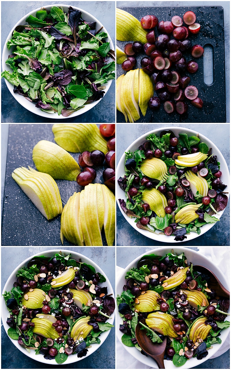 Creating a Fresh Fruit Green Salad: Chopping Grapes and Pears Chopping fresh grapes and pears and placing them over crisp greens.