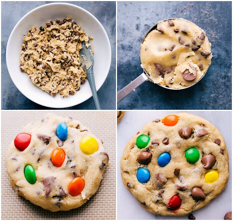 These are tried-and-true family-favorite Chocolate Chip M&M Cookies with two secret ingredients-- no wonder they're the best! These cookies are crisp on the outside and soft and chewy in the center. Process shots: mixing dough well; measuring into dough balls; adding M&M's to the top; bake!