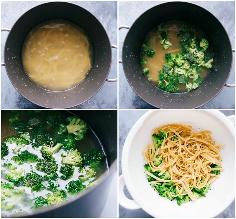 Preparing Pasta and Broccoli: A Step-by-Step Visual Guide Cooking pasta, adding broccoli, boiling broccoli, and draining pasta and broccoli for the dish.