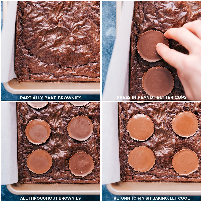 These indulgent Peanut Butter Cup Brownies combine a soft, gooey brownie base and then we press peanut butter cups into it. Top it all with a thick, fudge-like layer of peanut butter and chocolate and you've got a show stopper of a dessert! Recipe via ChelseasMessyApron #dessert #best #quick #easy #simple #chocolate #indulgent #reeses #boxbrownies #peanutbutter #cup #brownies Process shots-- partially bake the brownies; press peanut butter cups into the brownies; return to the oven to finish baking