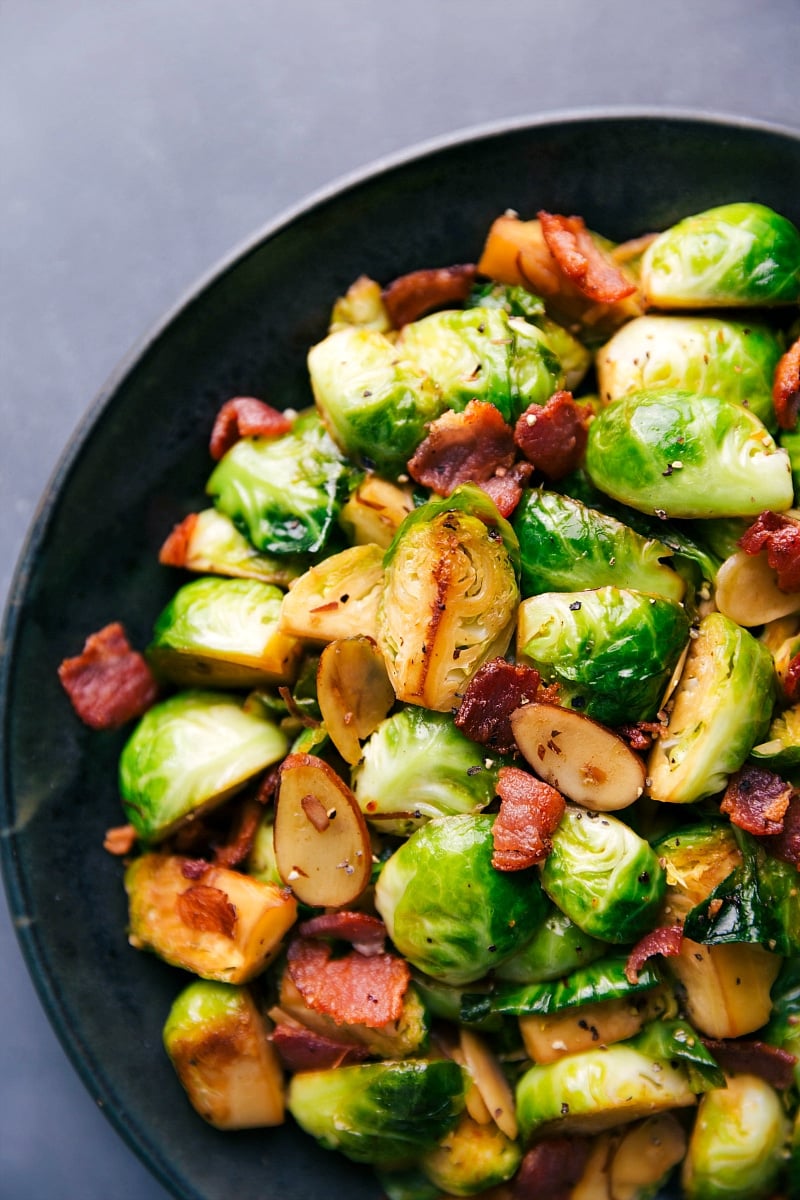 Flavor-Packed Brussels Sprouts and Bacon Ready to Eat The finished brussel sprouts and bacon recipe on a plate, ready to be eaten, packed with flavor.