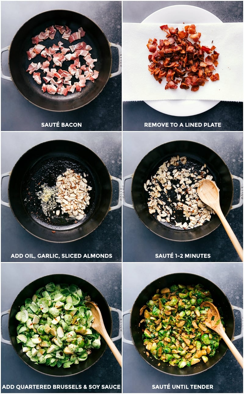 Cooking Process: Meat, Garlic, Almonds, Veggies, and Soy Sauce Sautรฉed Meat cooking in a pan, with garlic and almonds being sautรฉed alongside, followed by the addition and sautรฉing of veggies and soy sauce.