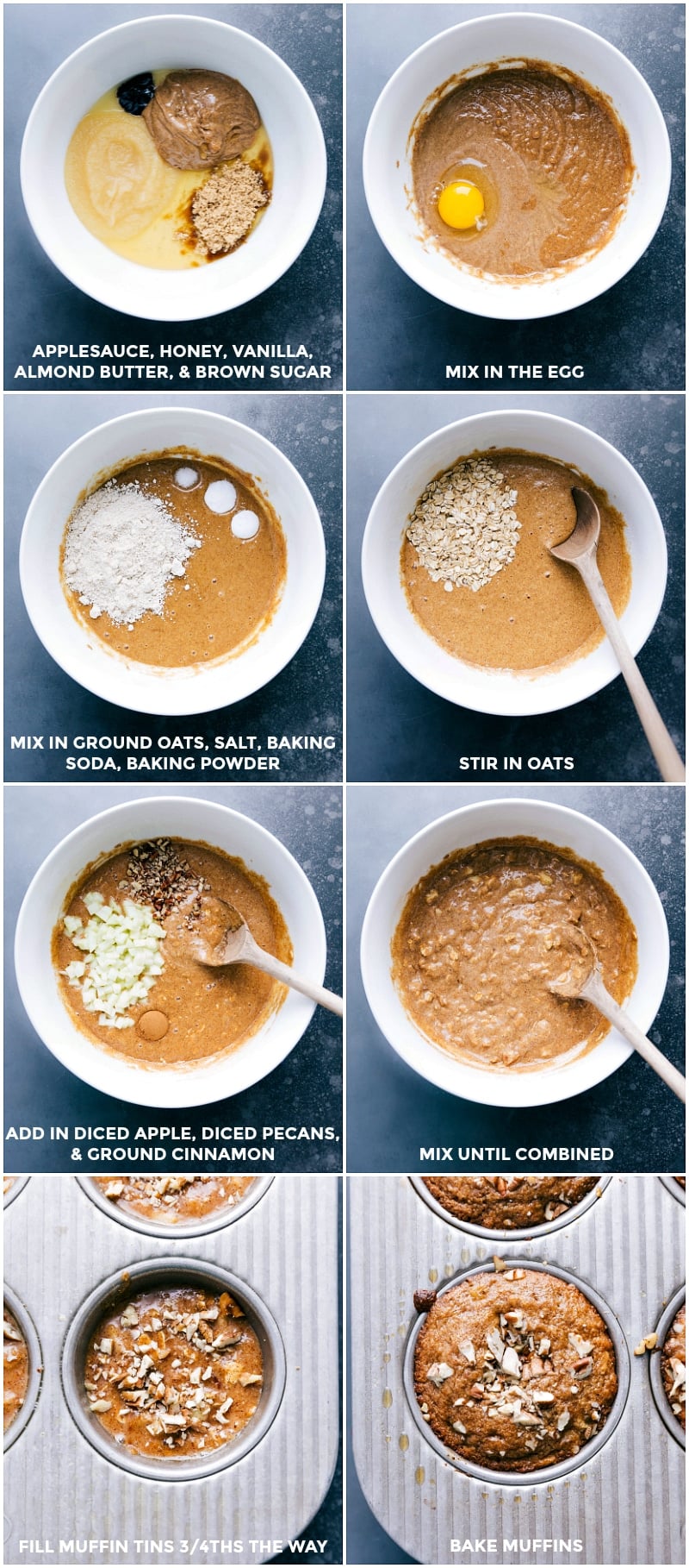 Steps to Make Gluten-Free Apple Cinnamon Muffins: Mixing Ingredients, Filling Muffin Tin, and Baking Process Gluten free apple cinnamon muffins being made by adding wet and dry ingredients, mixing them together, adding the mixture to a muffin tin, and baking.