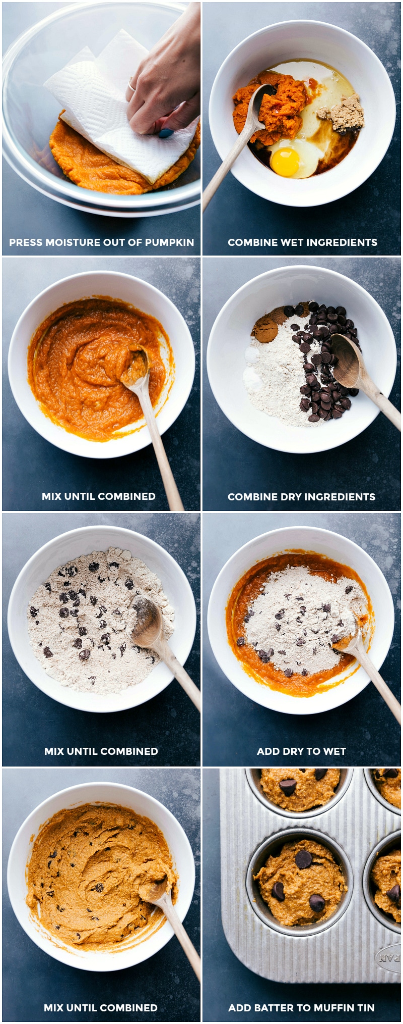 Preparing Healthy Pumpkin Muffins: Mixing and Filling Muffin Tin Combining wet and dry ingredients for the healthy pumpkin muffin recipe, then filling a prepared muffin tin.