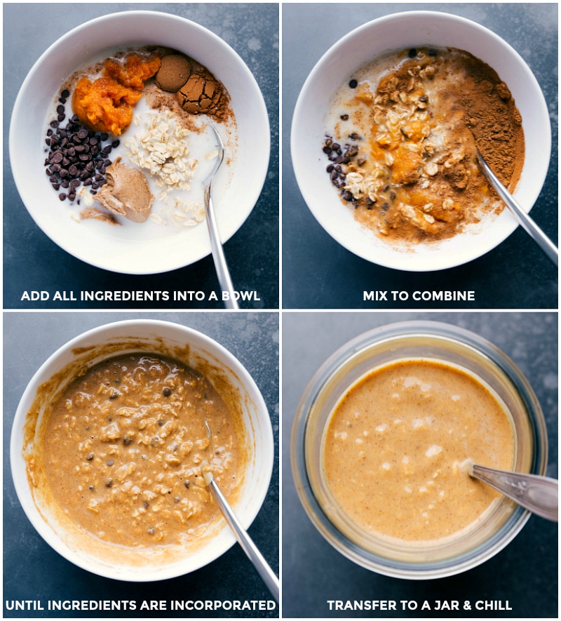 Preparing Pumpkin Overnight Oats: Mixing Ingredients and Transferring to Jar for Chilling Ingredients used in this recipe added to a bowl, being mixed, then transferred to a jar for chilling.