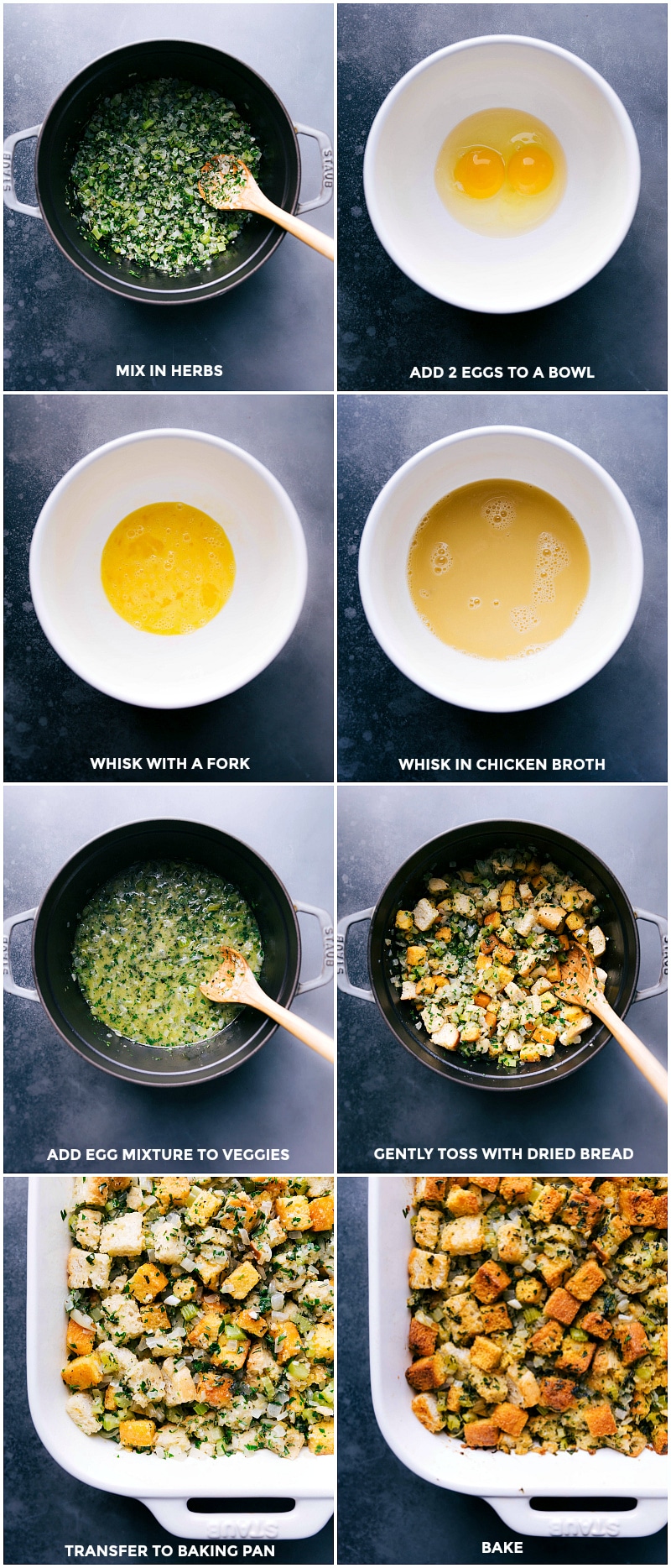 Mixing and Baking Ingredients for Cornbread Dressing Combining and mixing ingredients, pouring them into a prepared baking pan, and baking according to the cornbread dressing recipe.