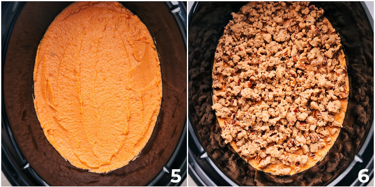 Slow Cook Your Sweet Potato Casserole Adding everything to the slow cooker to cook.
