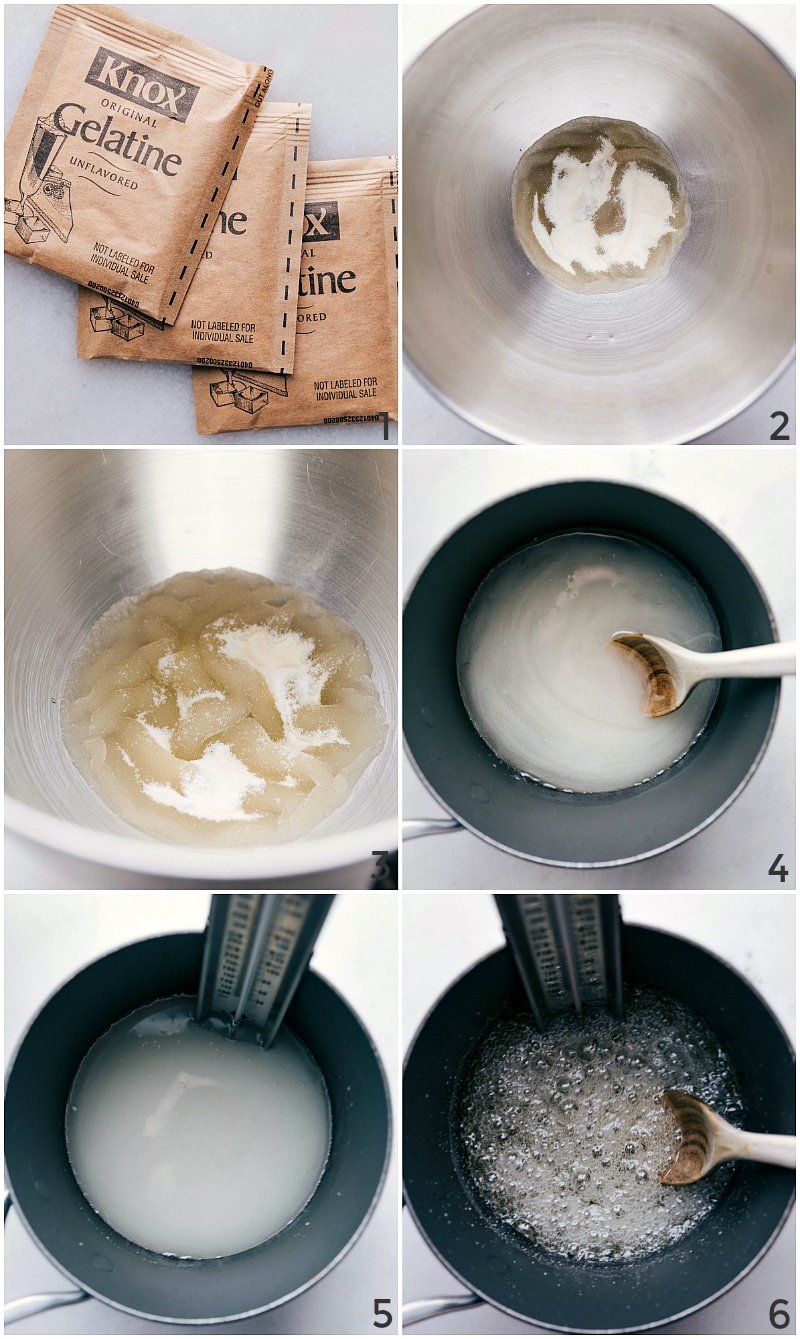 Marshmallow Making Steps: Blooming Gelatin and Cooking Mixture to Optimal Temperature Gelatin blooming process followed by cooking the mixture to the correct temperature.
