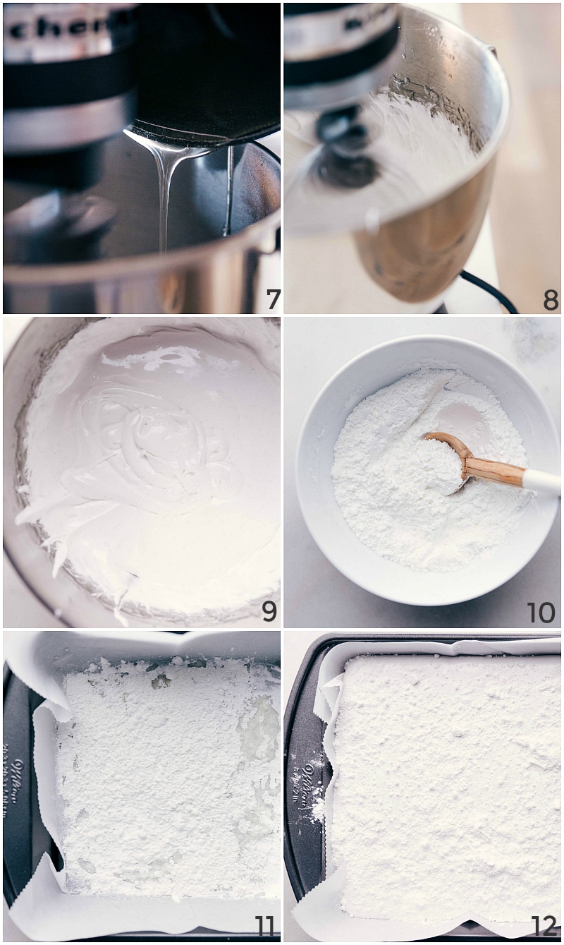 Marshmallow Preparation: Syrup-Gelatin Blend, Whipping Batter, and Dusting with Cornstarch Mix Syrup mixing into gelatin, batter being whipped, and cornstarch-powdered sugar mixture being used for dusting.