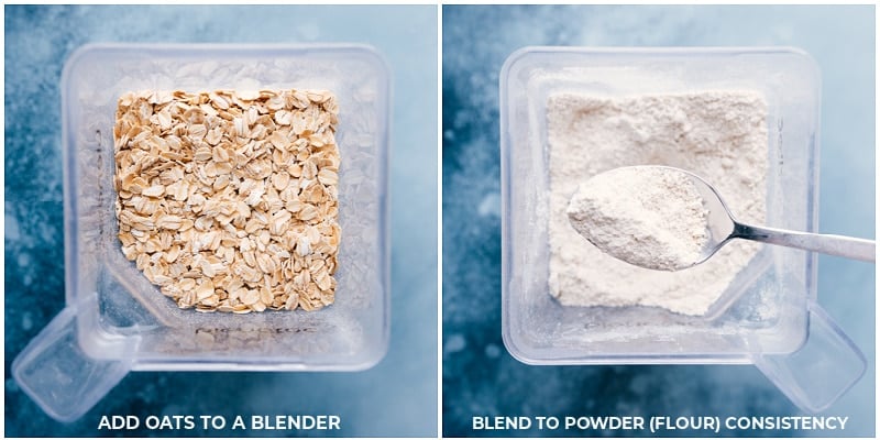 Healthy Oatmeal Chocolate Chip Cookies! They come together quickly in ONE bowl, and don’t require any “specialty” ingredients or trips to a local health foods store — you might already have everything needed in the pantry! Recipe via ChelseasMessyApron #dessert #best #quick #easy #simple #seasalt #clean #cleaneringredients #healthy #oatmeal #chocolatechip #cookies Process shots-- making oat flour in the blender