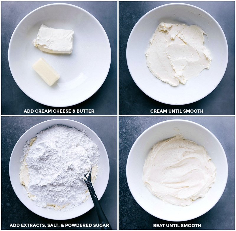 Peppermint Sugar Cookies with a creamy peppermint-flavored frosting and crushed peppermint candy on top are the perfect Christmas cookie! Recipe via chelseasmessyapron #recipe #chewy #soft #decorated #withcreamcheesefrosting #easy #christmas #frosting #best #simple #dessert #holidays #peppermint #sugar #sugarcookies #cookies Make the frosting by combining softened cream cheese and butter; cream until smooth; add extracts, salt and powdered sugar; beat until smooth then add to the Peppermint Sugar Cookies.