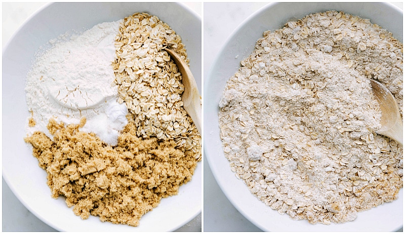 Mixing Ingredients for Caramel Oatmeal Cookies Oats, flour, and brown sugar separated in a bowl, then mixed together for this delicious and easy recipe.