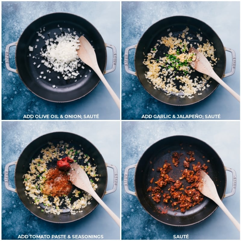 This Healthy Chicken Tortilla Soup has loads of hidden veggies, tender shredded chicken, and plenty of plant-based protein in the form of quinoa and beans -- it's a powerhouse of good-for-you ingredients! Cozy up with a big bowl with your favorite tortilla soup toppings and be prepared to be completely hooked on this soup! Recipe via ChelseasMessyApron #dinner #quick #easy #simple #clean #cleaneating #familyfriendly #kidfriendly #healthy #chicken #tortilla #soup Process shots-- images of the onion, garlic, jalapeรฑo, tomato paste, and seasonings being added and sautรฉed together