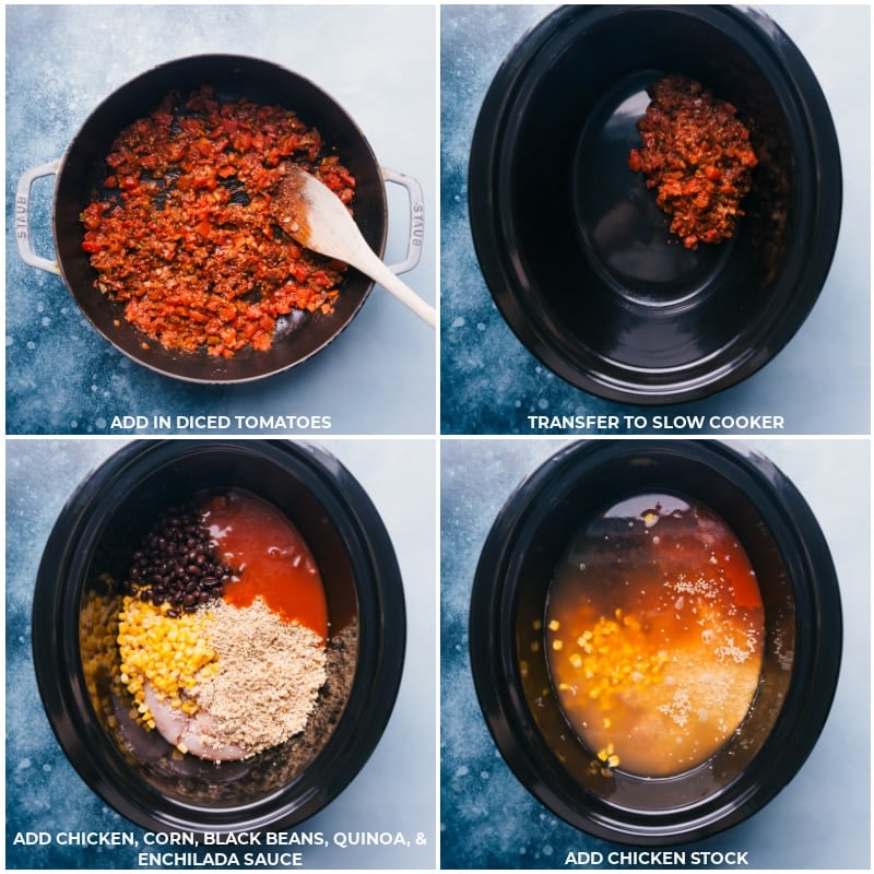 This Healthy Chicken Tortilla Soup has loads of hidden veggies, tender shredded chicken, and plenty of plant-based protein in the form of quinoa and beans -- it's a powerhouse of good-for-you ingredients! Cozy up with a big bowl with your favorite tortilla soup toppings and be prepared to be completely hooked on this soup! Recipe via ChelseasMessyApron #dinner #quick #easy #simple #clean #cleaneating #familyfriendly #kidfriendly #healthy #chicken #tortilla #soup Process shots of Healthy Chicken Tortilla Soup-- images of the diced tomatoes being cooked and added to the crockpot and all the other ingredients being poured into the slow cooker