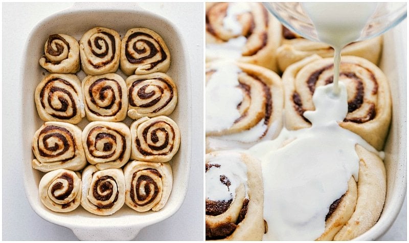 Delicious, gooey, & sweet homemade cinnamon rolls with step-by-step photos, detailed instructions, and all my top hacks for perfect cinnamon rolls every single time. Adding the secret ingredient (heavy cream) to the prepared pan of these homemade cinnamon rolls.