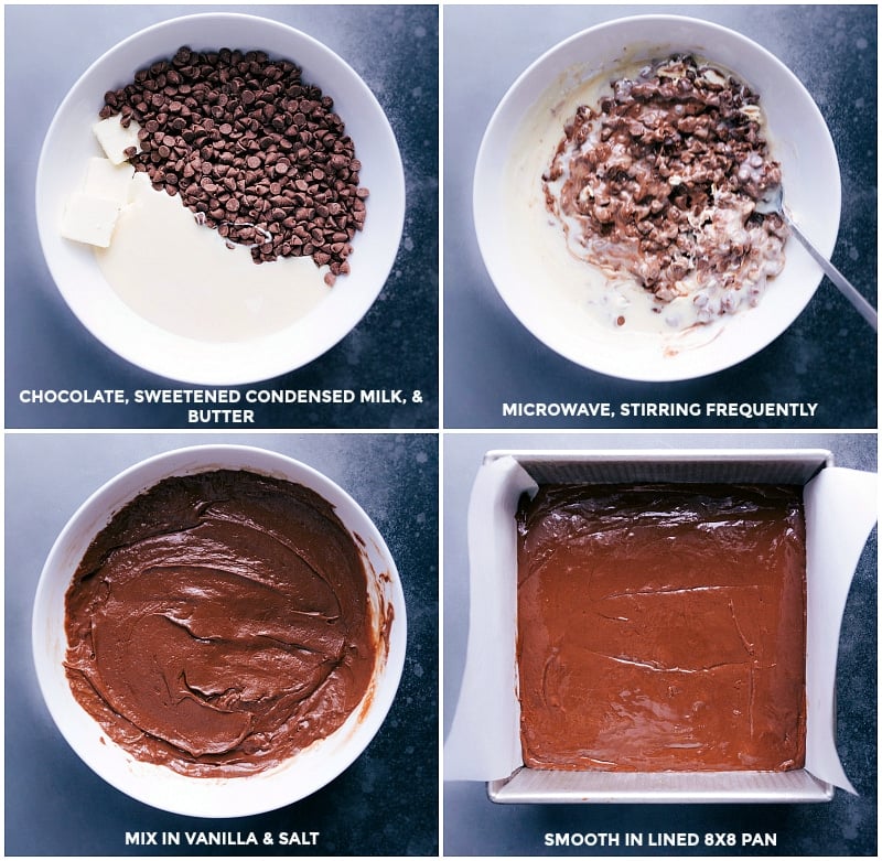 Simple Microwave Fudge Chocolate, sweetened condensed milk, and butter being added to a bowl and melted. Then the melted chocolate being added to a prepared 8x8-inch pan.