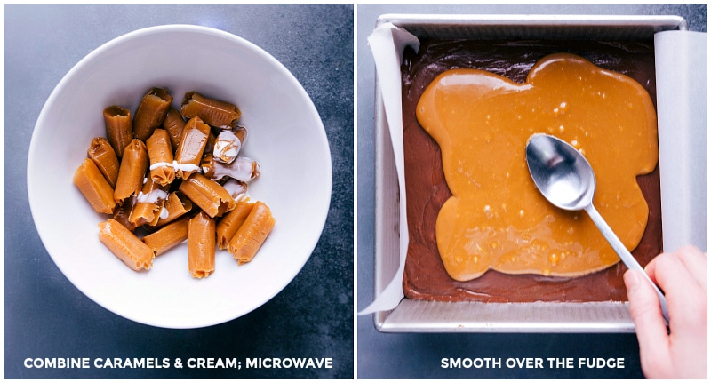 Easy Microwave Fudge Caramel being melted and poured over the chocolate layer.