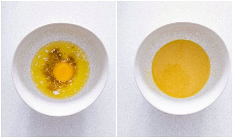 Deliciously gooey Homemade Cinnamon Rolls come with step-by-step photos, detailed instructions, and all my top tips for perfect rolls every single time. Recipe via Chelseasmessyapron.com #homemade #brunch #cinnamonroll #cinnamon #breakfast #gooey The egg yolk, butter, and vanilla being mixed together in a separate bowl to add to the yeast mixture for this homemade cinnamon rolls recipe.