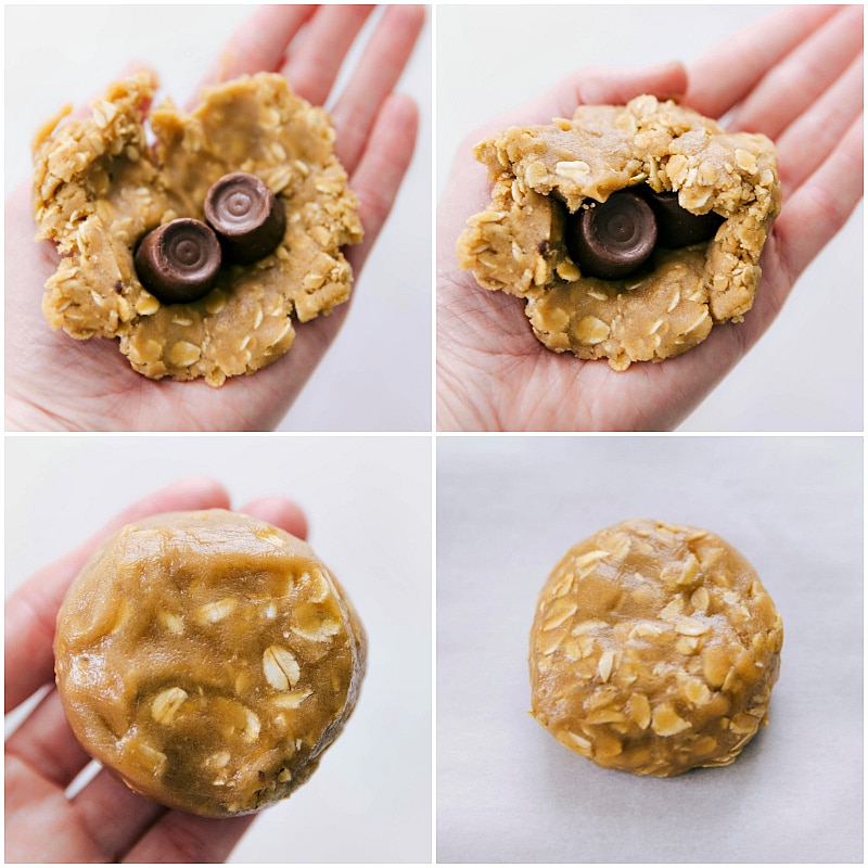 Adding Rolo Candies to Dough Rolo candies being added to the center of the dough, showing how the dough ball should look with the candy inside for the oatmeal caramel cookies.