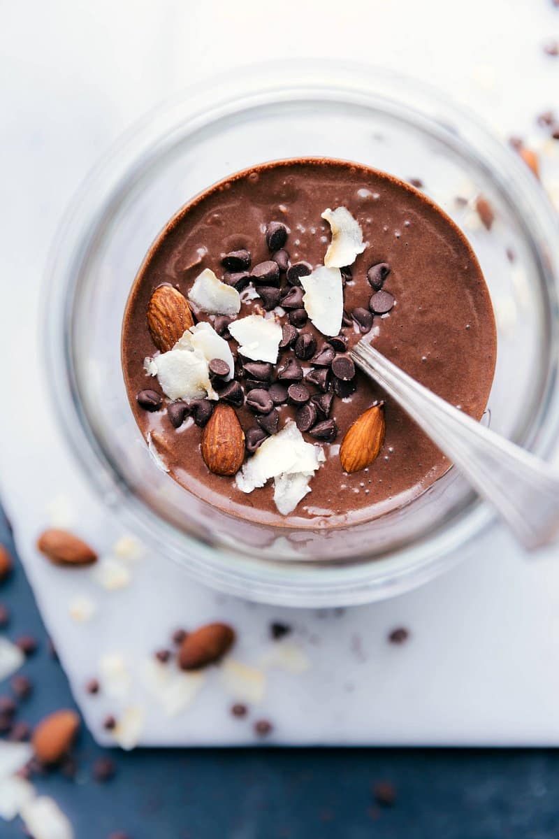 Chocolate Overnight Oats with Mini Chocolate Chips, Coconut, and Almonds Toppings Almond joy overnight oats in a bowl, deliciously topped with almonds, shredded coconut, and chocolate chips.
