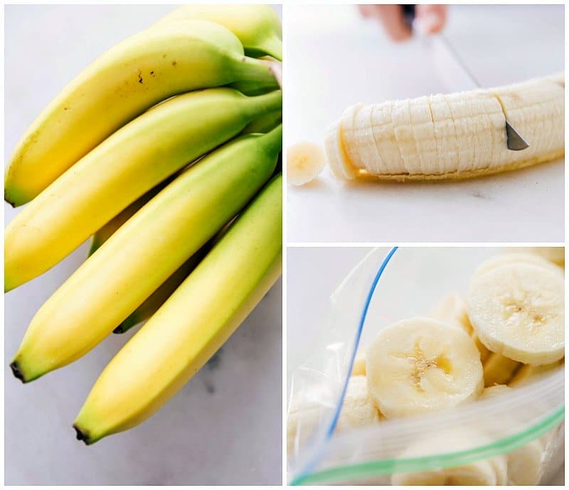 Slicing Bananas for Cherry Smoothie Slicing fresh bananas to place in a freezer bag for the recipe preparation.