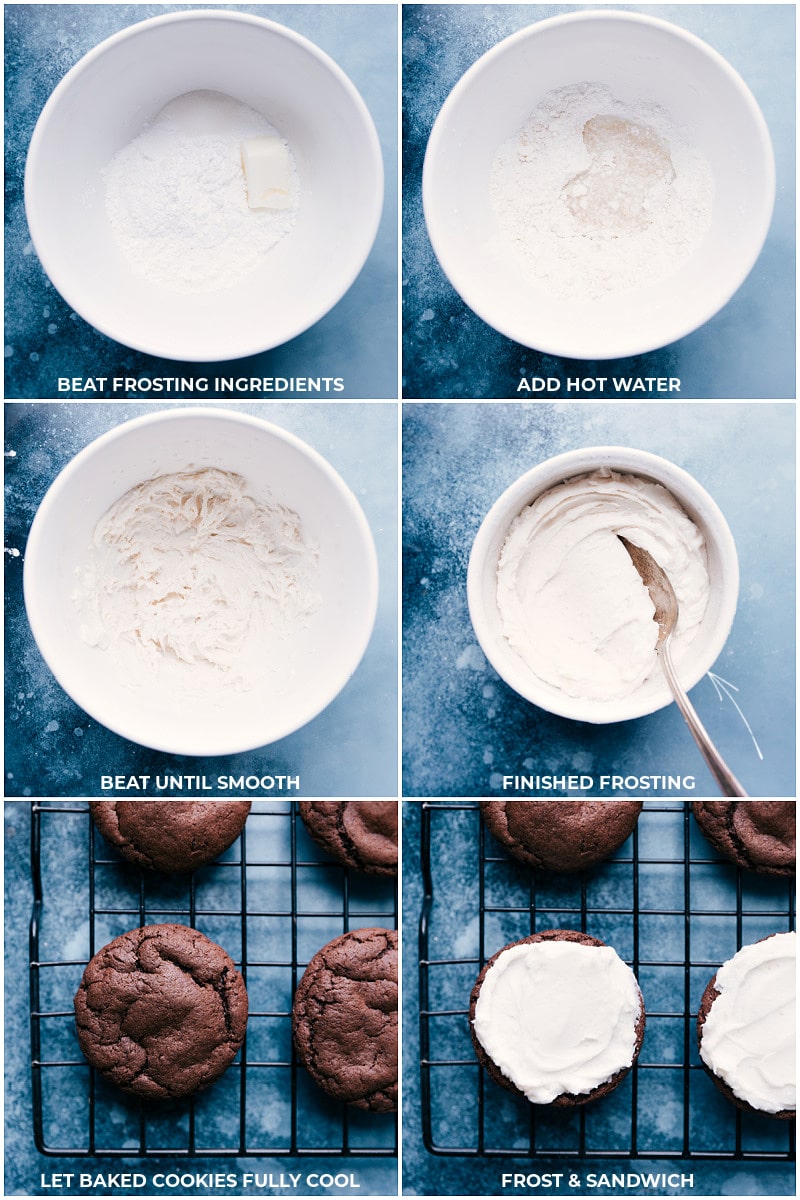 Yummy Homemade Oreos are simple, thanks to some store-bought short-cuts -- a cake mix and pudding mix! Recipe via chelseasmessyapron #dessert #best #quick #easy #simple #cremefilling #homemade #oreos Process shots: frosting for Homemade Oreos