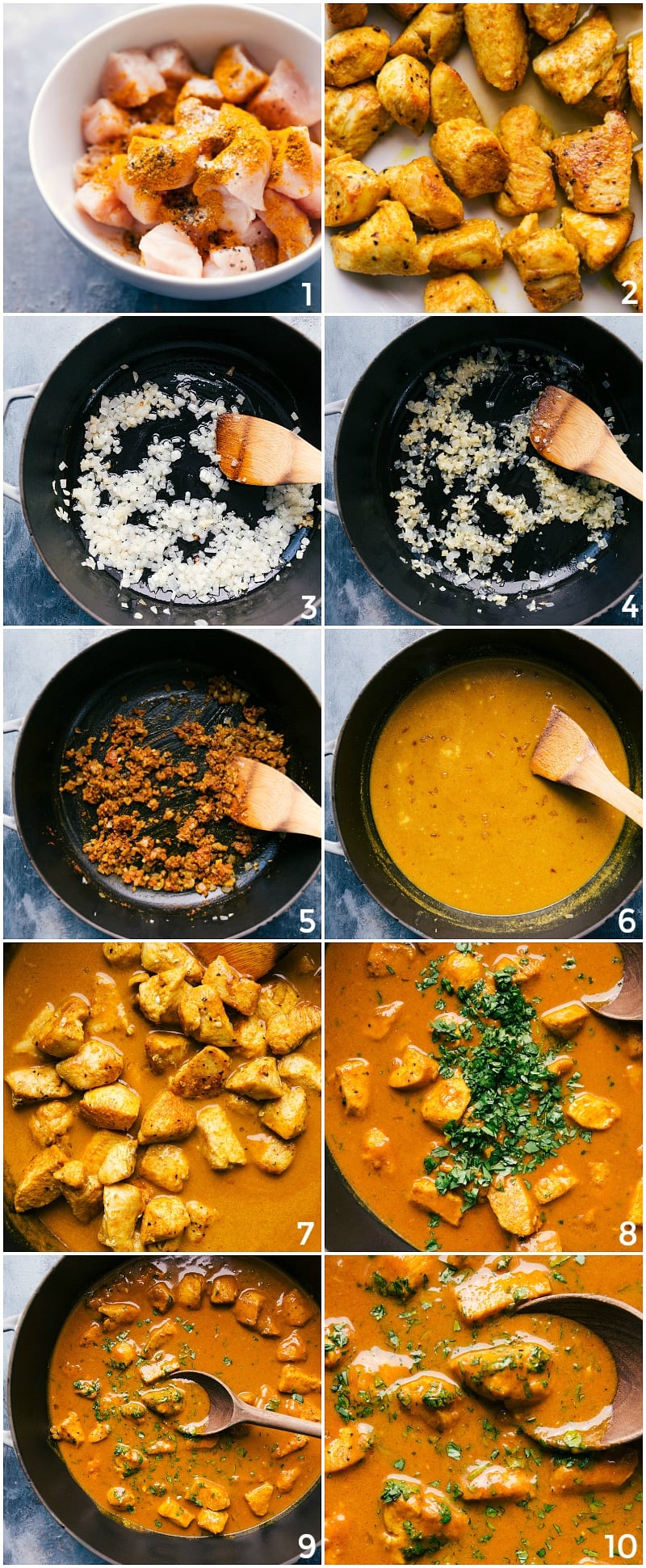 Easy Chicken Curry made in about 30 minutes in just one pot. This dish packs a serious flavor punch with fresh ginger, onions, garlic, red curry paste, and creamy coconut milk. Recipe via chelseasmessyapron #coconut #easy #recipe #healthy #chicken #curry Process shots-- images of Chicken Curry being made from start to finish.