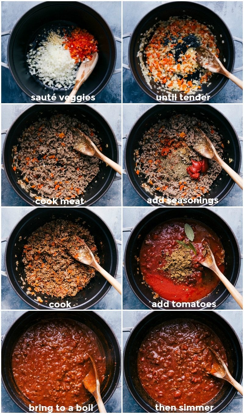 Sequential Cooking Steps for American Goulash Sequential Preparation of Goulash Recipe from Start to Finish Making the goulash recipe: vegetables sautรฉing, meat cooking with veggies, seasonings and tomatoes added, mixture boiling and simmering.