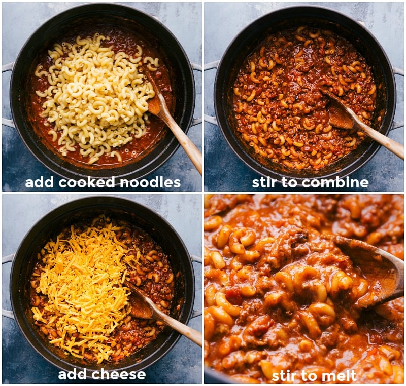 From Pasta to Final Dish: The Evolution of a Hearty Meal Mixing the cooked pasta with beef-tomato sauce, cheese being added, and the final combined dish.
