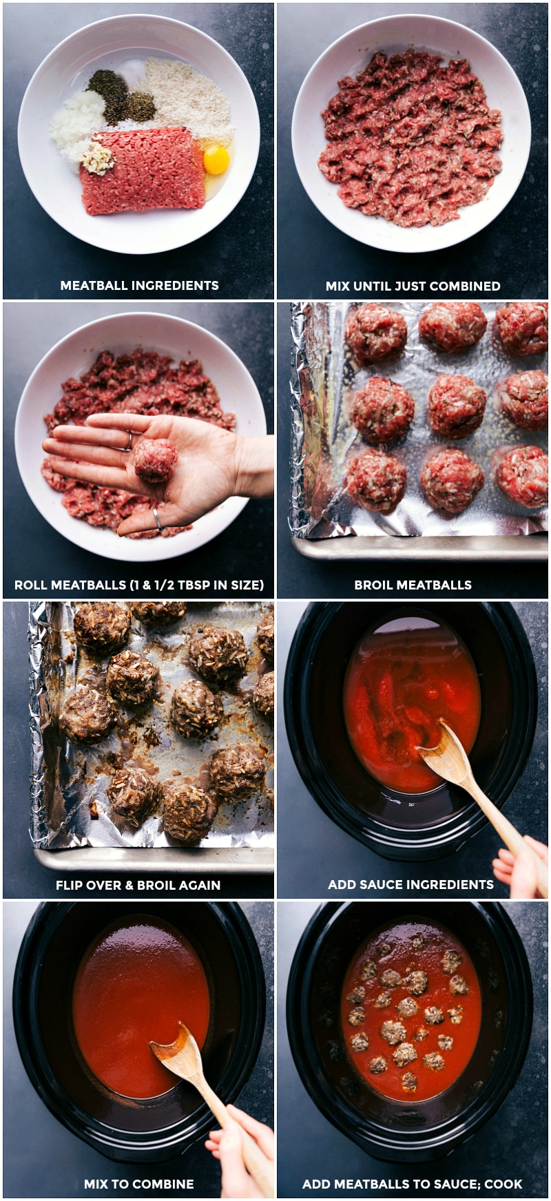 Preparing Meatballs for Broiling and Slow Cooking in Sauce Ingredients being mixed and rolled into meatballs before broiling and adding to a slow cooker to simmer in sauce.