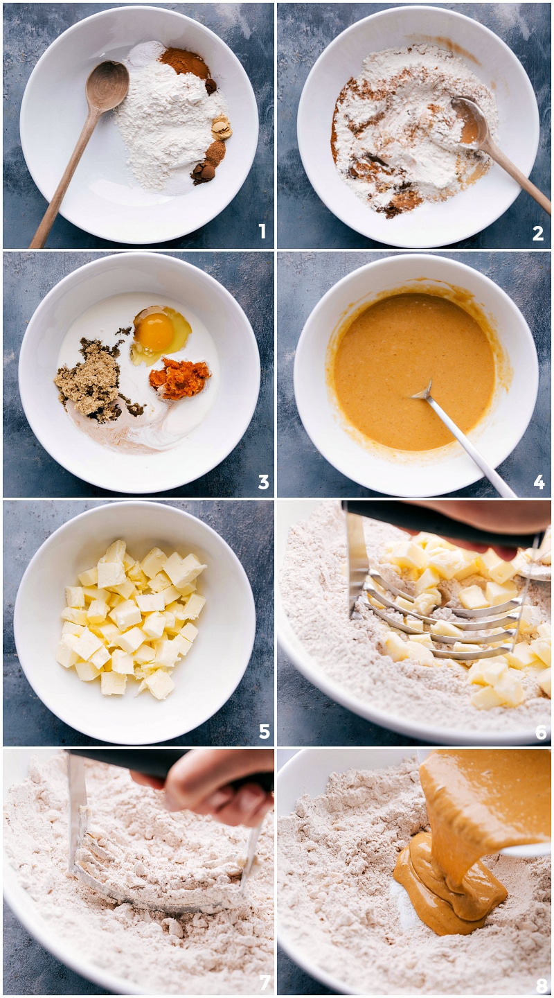Pumpkin Scones Preparation: A Visual Guide from Ingredients to Mixing Preparing the pumpkin scone recipe, from dry and wet ingredients to blending and combining.