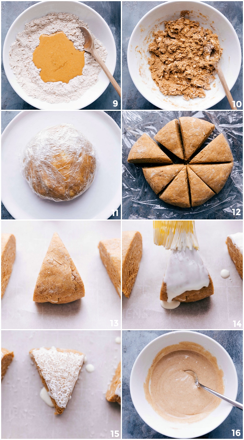 Creating Perfect Pumpkin Scones: Mixing, Shaping, and Sweetening for Baking Mixing, shaping, sugaring, and baking the dough, then topping with frosting.