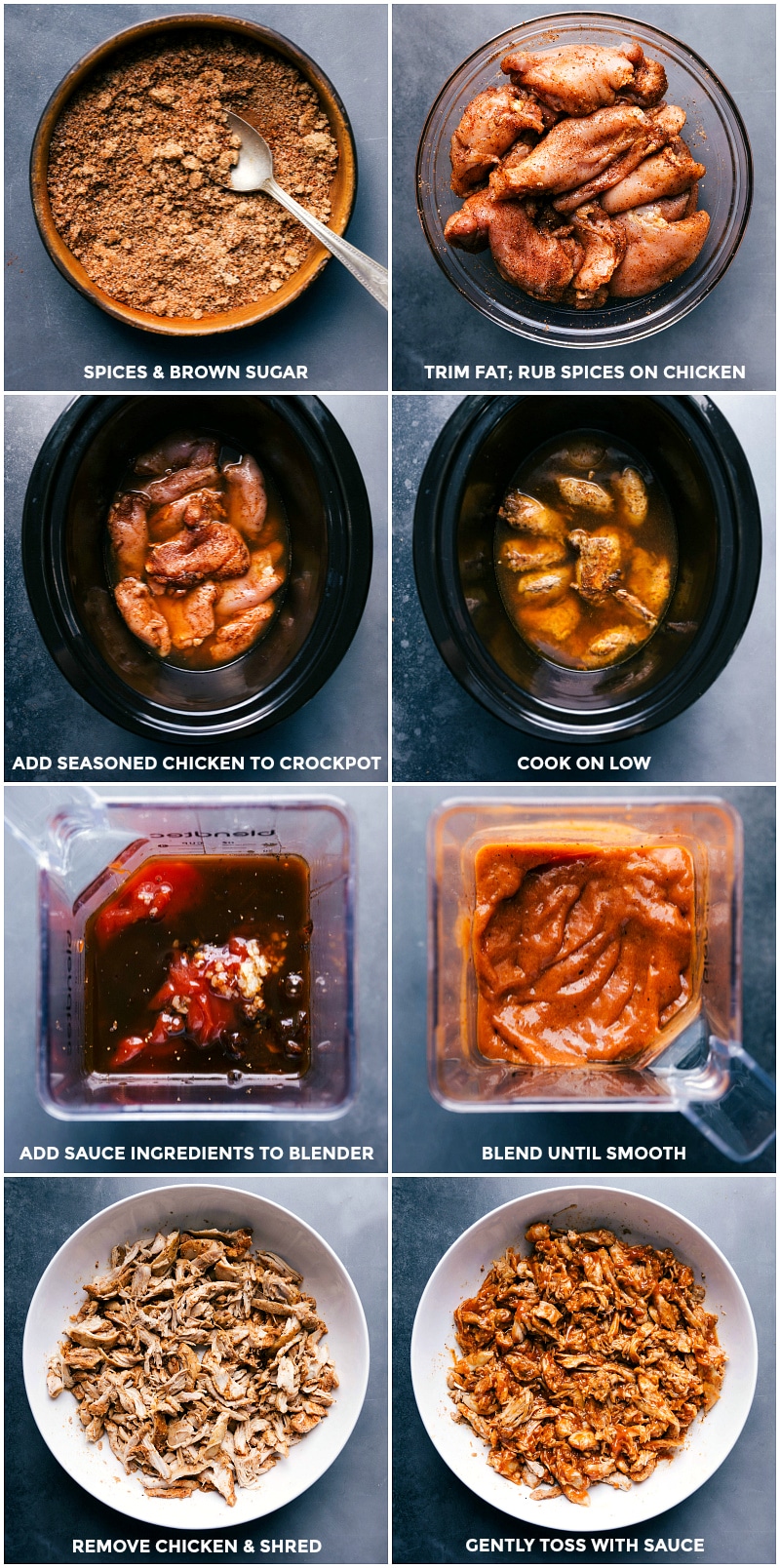 Making Chipotle Chicken Tacos: Prepping Rub, Cooking Meat in Crockpot, Blending Sauce, Shredding Meat, Adding Sauce Preparing rub and applying it to meat, adding meat to crockpot, making chipotle sauce in blender, shredding meat, and adding sauce.