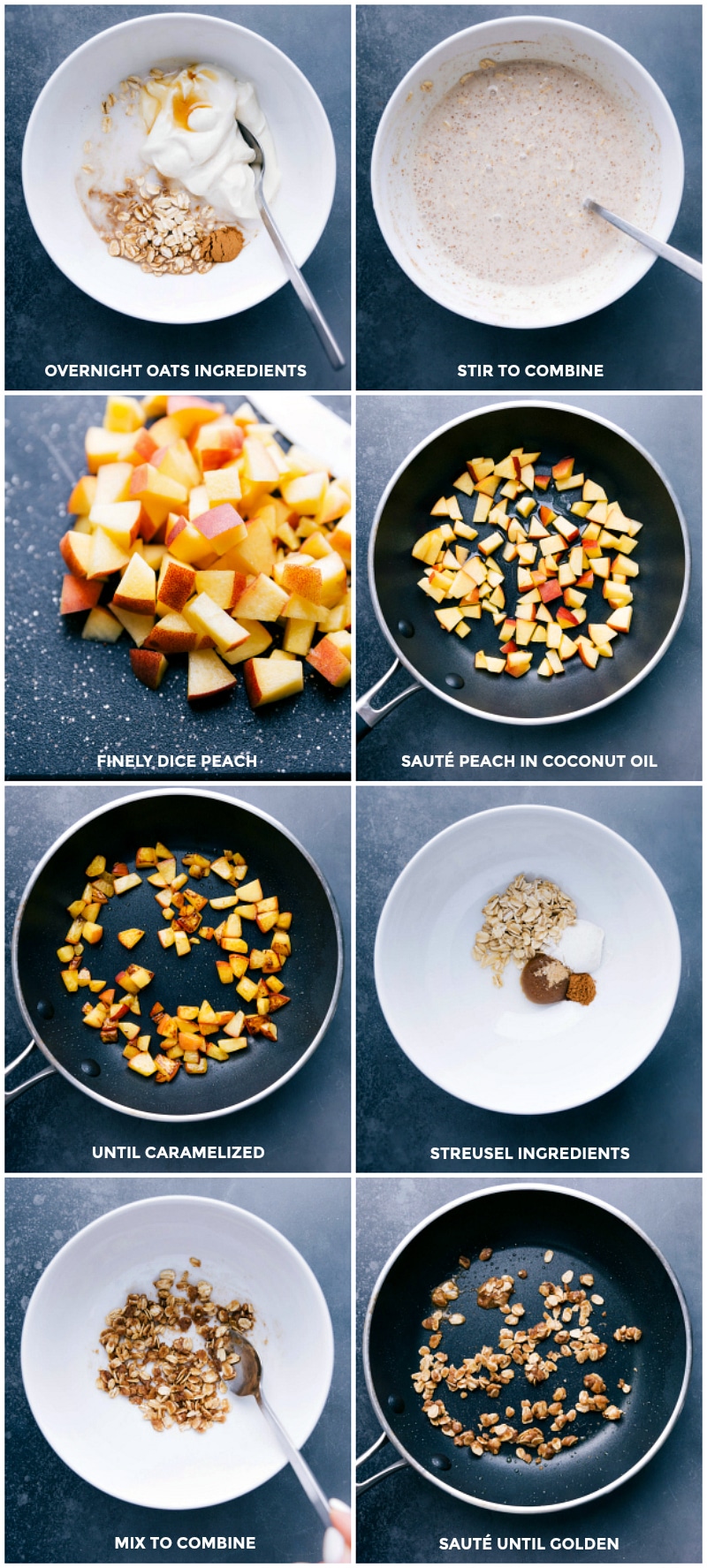 Making Peach Overnight Oats: Mixing Ingredients, Caramelizing Peaches, Preparing Streusel Mixing all the ingredients for the breakfast, caramelizing fresh peaches, and preparing the streusel.