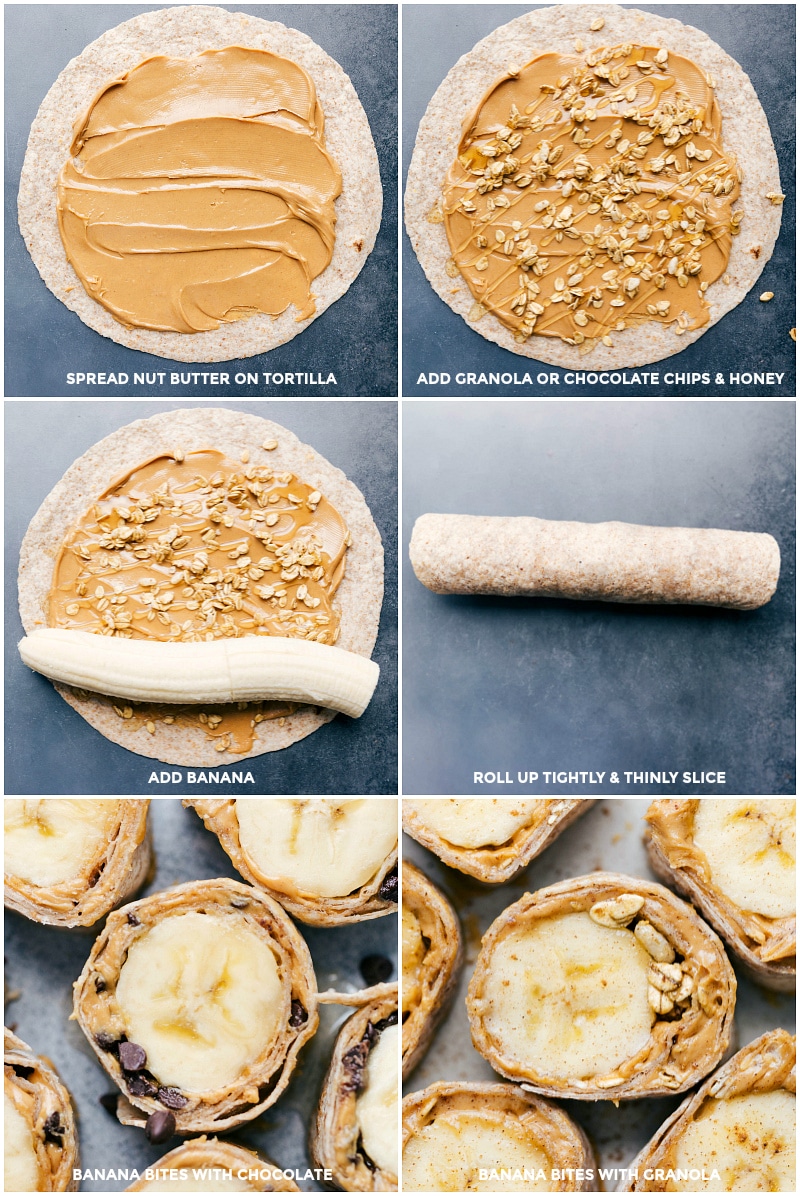 These make the perfect fun breakfast, great afternoon snack, or delicious dessert. Recipe via ChelseasMessyApron #dessert #snack #kidfriendly #quick #easy #chocolate #best #peanutbutter #banana #bites #bananabites Process shots: images of the peanut butter, granola, one, and chocolate chips being spread over a tortilla, then a banana being added, and it all being rolled together and cut into segments