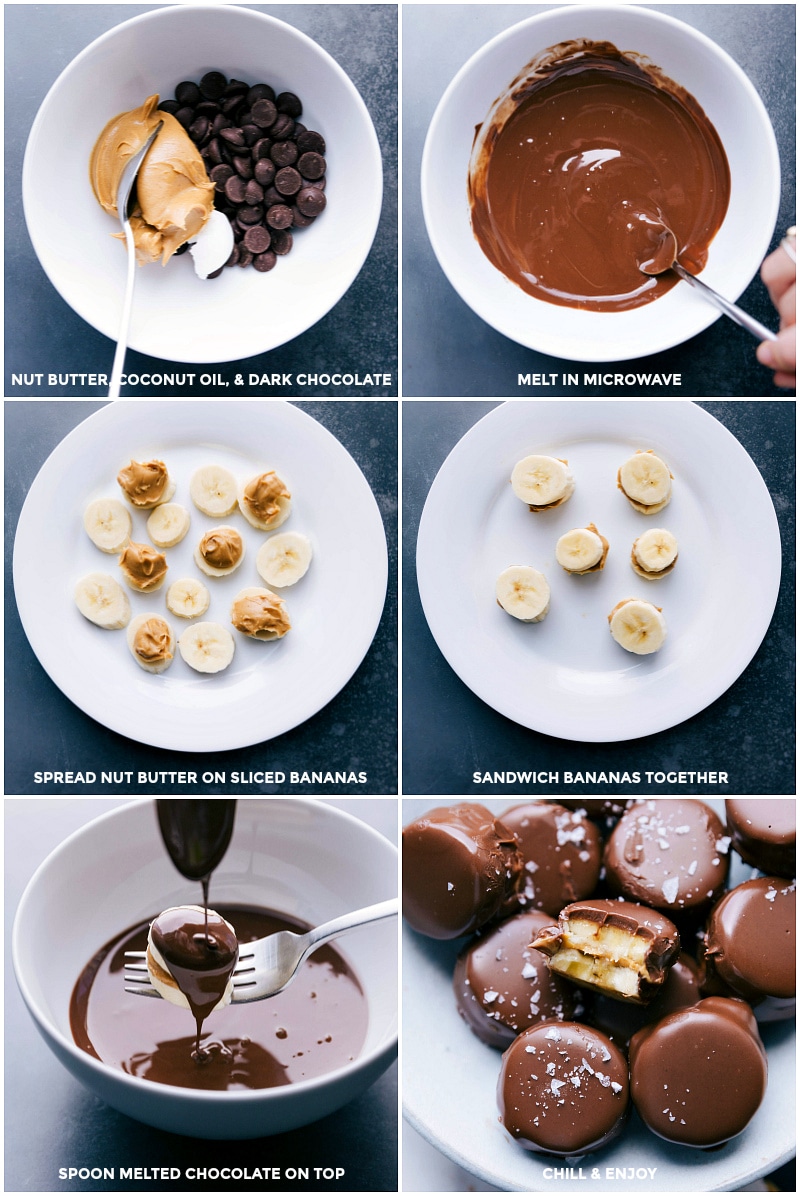 Two ways to make the best Banana Bites - these come together in minutes and are eaten up even faster! Recipe via ChelseasMessyApron #dessert #snack #kidfriendly #quick #easy #chocolate #best #peanutbutter #banana #bites #bananabites Process shots: melting chocolate, spreading peanut butter over bananas, and finally dipping bananas in chocolate