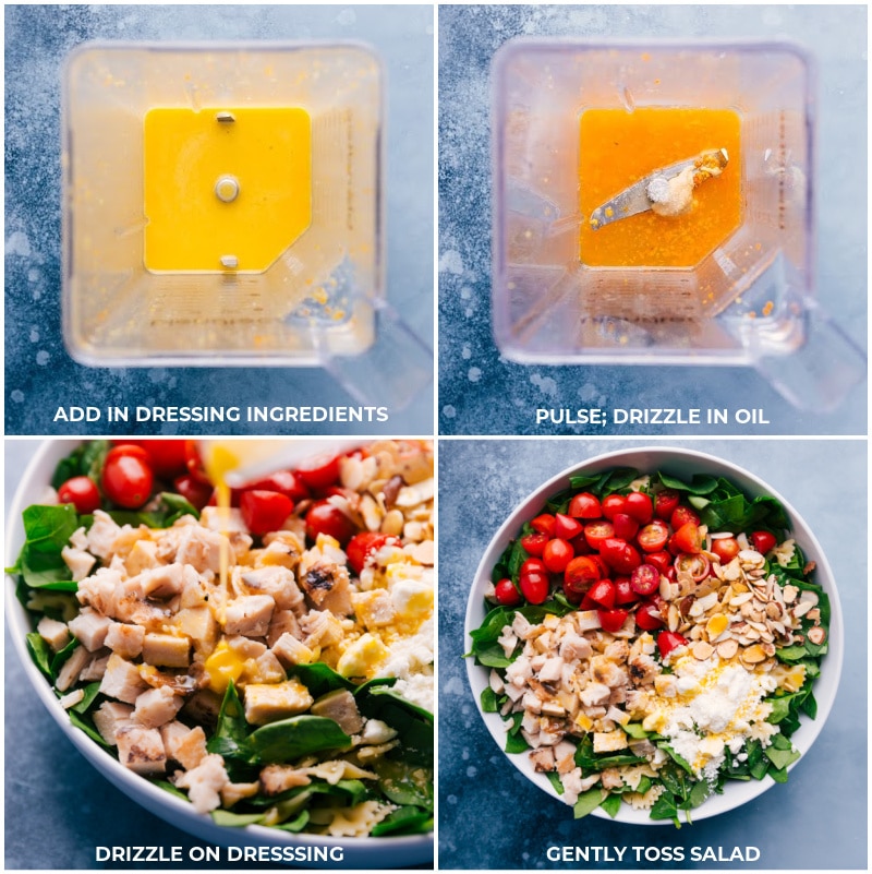 Combine an amazing fruity citrus vinaigrette with rotisserie chicken, chopped veggies and pasta! Recipe via ChelseasMessyApron #dinner #side #best #quick #easy #simple #healthy #spinach #bbq #bowtiepasta #chicken #pasta #salad Chicken Pasta Salad: Making the dressing.