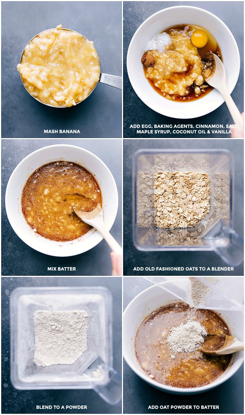 Preparing Banana Muffin Batter - Mixing Ingredients and Blended Oats Combining all ingredients in a bowl, mixing together, blending oats, and batter.